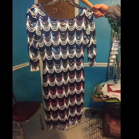Blue, silver, & white sequin dress
