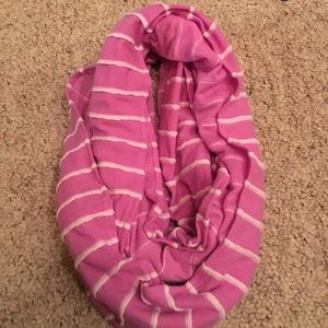 Purple and white striped infinity scarf