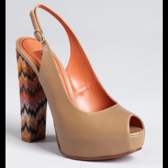 Missoni Chevron Print Peep Toe Slingback Pumps Heels Tan Camel Shoes Size 36 1/2 - Picture 1 of 4