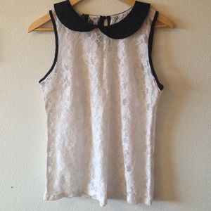 White Lace Shirt Black Collar