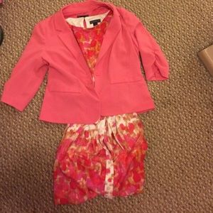 Pink, tan and white printed dress with blazer