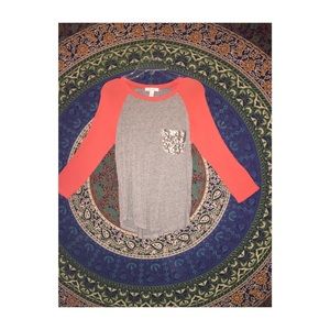 Orange and Grey Sequin Pocket Baseball Tee