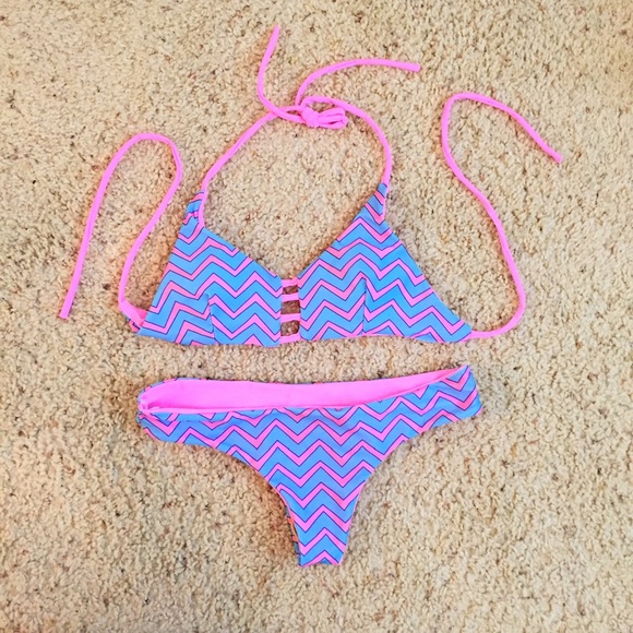 Pink and blue chevron bikini reversible