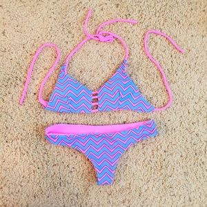 Pink and blue chevron bikini reversible
