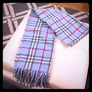 Pale blue scarf w/ white gray red plaid