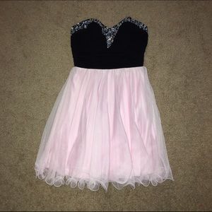 pink & black strapless formal dress