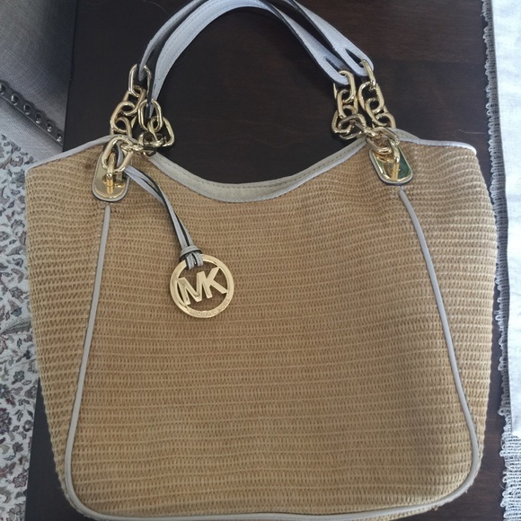 Michael Kors Raffia Lilly White Handle Tote