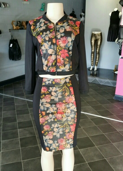 Leather floral pencil skirt set