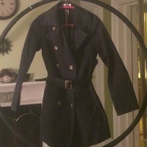 Navy blue long fitted jacket with tie around waist