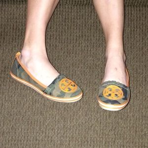 Tory Burch camo and orange flats