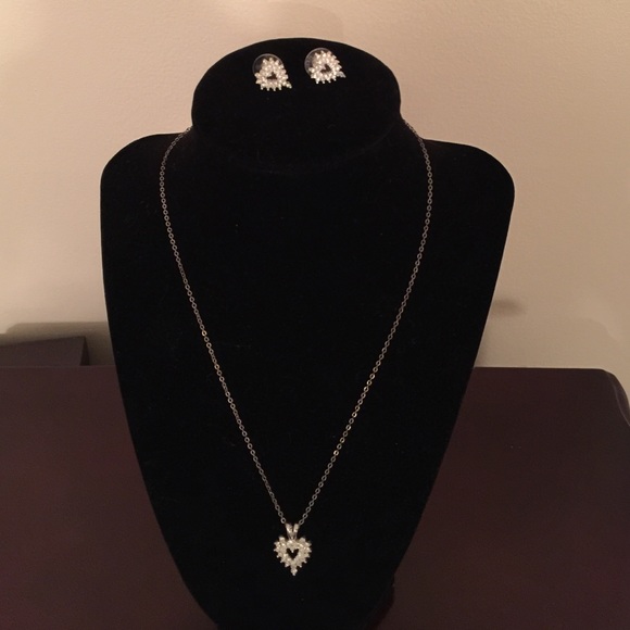 CZ Heart Necklace & Pierced Earrings - Picture 1 of 3