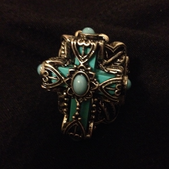 None Jewelry - 💕Aqua and Antique Silver Cross Ring💕