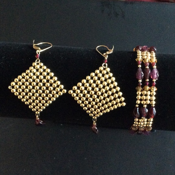 Gold & Purple Drop Pierced Earrings & Bracelet