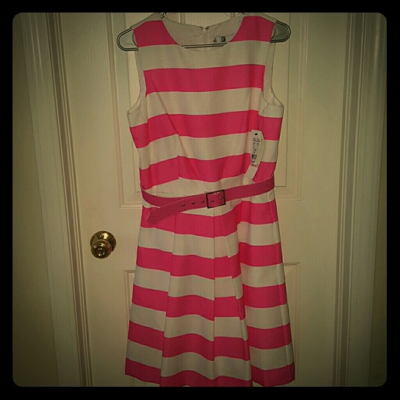 *NEW*knee length pink-stripped belted dress