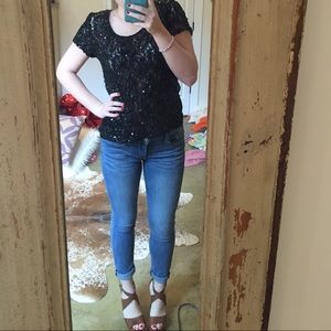 NWT Black sequin and lace top