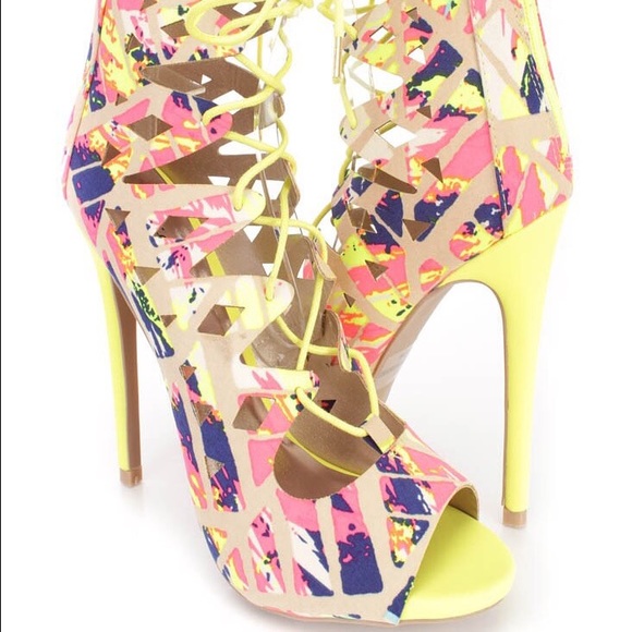 Neon lace up heels