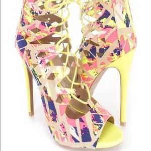 Neon lace up heels