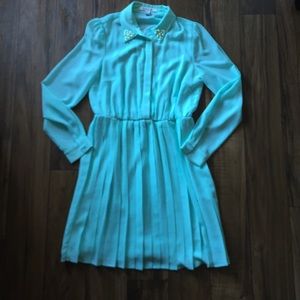 Mint Pleated Dress with Pearl Collar