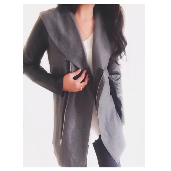 Boutique brand  Jackets & Blazers - Long Dark Grey Jacket with Leather Sleeves