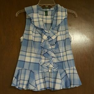 NWOT Plaid blue blouse with ruffles