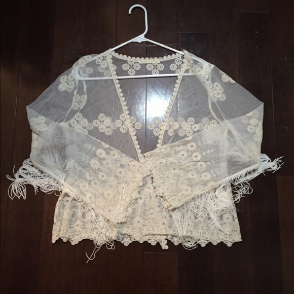 White Floral Fringed Open Front Kimono Cardigan - Picture 1 of 4
