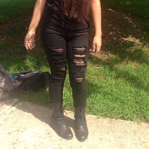 High waisted distress black jeans