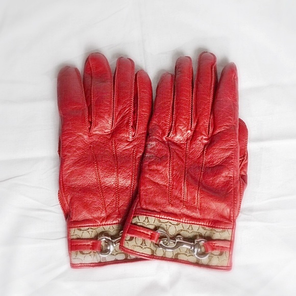 Red leather Coach gloves.
