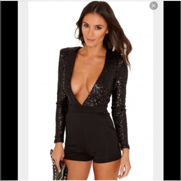 Jefa plunge neck sequin playsuit in black
