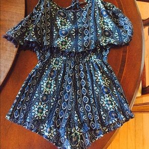 Blue bohemian spaghetti strap romper