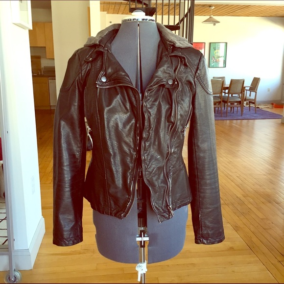 "Moto" faux leather jacket w/ removable hood