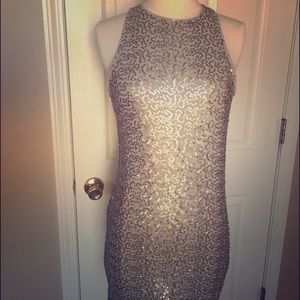 Light gold, high neckline dress