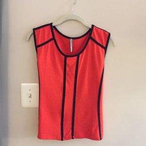Red tank top with flattering navy lines