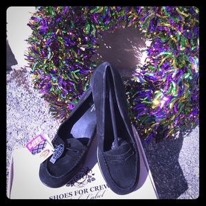 Black suede wedge loafer. sole is slip resistant