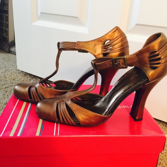BCBGirls Bronze T-Strap Leather Heels.
