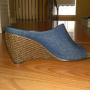Denim wedge open toed mule sandals