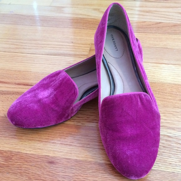 Lands End raspberry crushed velvet slipper flats