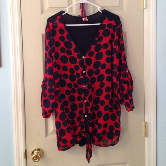 Adorable sheer polka dot blouse with buttons/tie