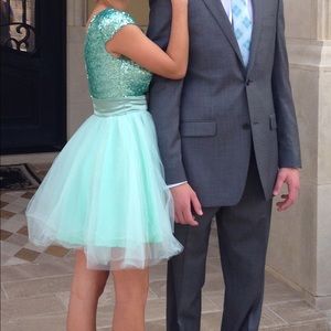 Short light blue/turquoise sequence prom dress