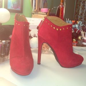 Red Faux Suede Booties with Gold Studs