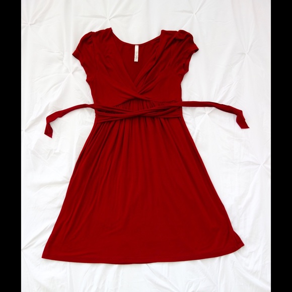 Soft red swing dress with wrap-around tie