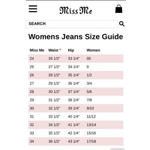 MissMe Jean Size Conversion