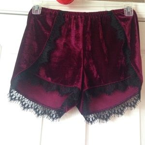 Wine Red Velvet Shorts with Black Lace