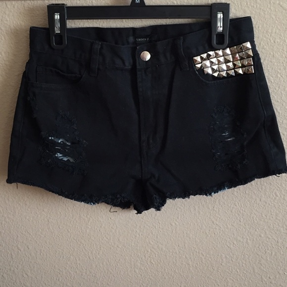 Black Distressed Studded High Waisted Shorts
