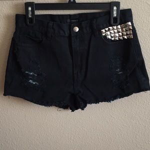Black Distressed Studded High Waisted Shorts