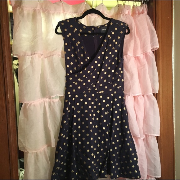 Anthropologie dress: navy blue w/ gold polka dots