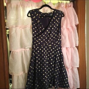 Anthropologie dress: navy blue w/ gold polka dots
