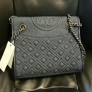 Brand New Tory Burch Fleming Quilted Denim Flap