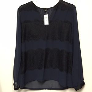 NWT Ann Taylor Navy blouse with black lace detail
