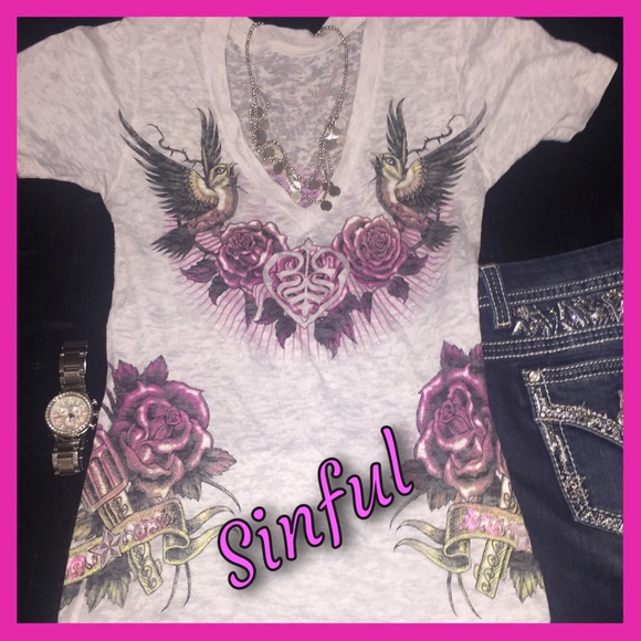 Sinful Tops - SOLD Sinful white flowered Vneck