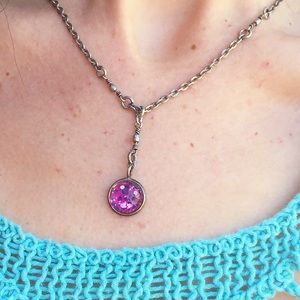 Pink polka dot pendant y necklace - vintage silver